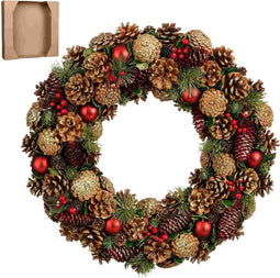 House of Seasons Kerstkrans Denn - 50x50x10 cm - Dennenappel - Rood