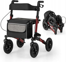 Coast Opvouwbare Rollator - Lichtgewicht 2-in-1 Reisrollator met Zitje en Luchtbanden - Rood