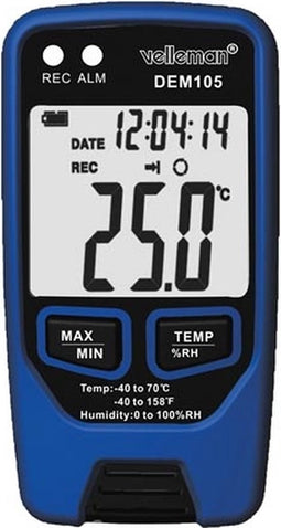 Velleman Datalogger, meet temperatuur en vochtigheid, USB, LCD-display, luid alarm, lange batterijduur