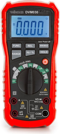 Velleman Digitale multimeter, datahold, contactloze spanningsdetectie, met MIN/MAX/REL-functie, geschikt voor het meten van AC/DC-stroom, AC/DC-spanning, weerstand, frequentie, capaciteit, diodes en continuïteit, inclusief meetsnoeren