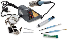 Velleman Soldeerstation met instelbare temperatuur 40-48 W, 150-480 °C, met derde hand, desoldeerpomp, loodvrij soldeer, schraper, borstel en 2 soldeerpunten, voor professionals of doe-het-zelvers, grijs