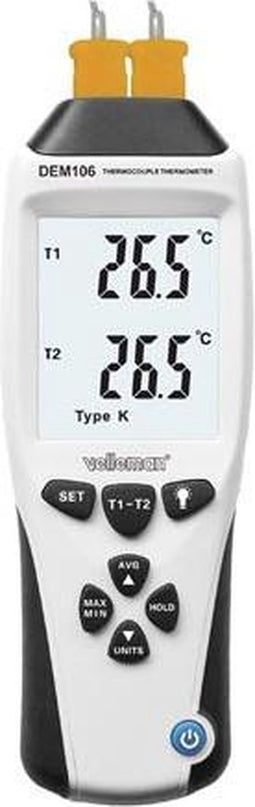 Velleman Thermometer met thermokoppel type K/J, dubbele meting, dubbel lcd-display, -200 °C -1370 °C, datahold