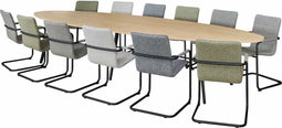 Vergadertafel victory ellips 420x120 cm op 3 poten frame antraciet (ral 7016) blad antraciet eiken