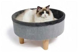 Verhoogd rond bed - M PETS - ROND - Grijs - 47 x 47 x 26 cm - Houten poot - Zacht kussen