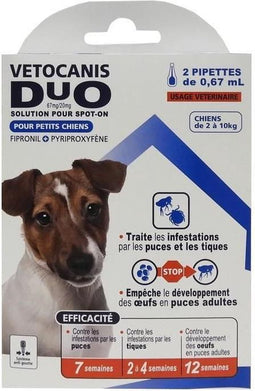 VETOCANIS Anti-vlooien en anti-teken Duo Spot on - 2 pipetten - Efficiëntie 7 weken - Voor kleine hond