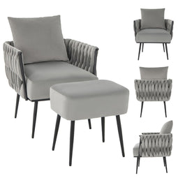 Coast Moderne Fluwelen Bijzetstoel en Voetenbank Set - Ergonomische Rugleuning - Grijs