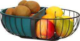 Fruitschaal/fruitmand metaal met inzetbakje zwart/petrol blauw 30 x 20 cm - Fruitschalen/fruitmanden - Draadmand van metaal