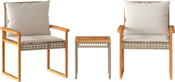 vidaXL - 3-delige - Bistroset - en - kussens - poly - rattan - en - hout - gemengd - beige