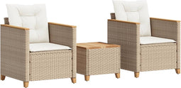 vidaXL - 3-delige - Bistroset - met - kussens - poly - rattan - en - acaciahout - beige