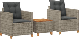 vidaXL - 3-delige - Bistroset - met - kussens - poly - rattan - en - acaciahout - grijs