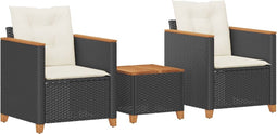 vidaXL - 3-delige - Bistroset - met - kussens - poly - rattan - en - acaciahout - zwart
