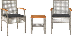 vidaXL - 3-delige - Bistroset - met - kussens - poly - rattan - en - acaciahout - grijs