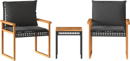 vidaXL - 3-delige - Bistroset - met - kussens - poly - rattan - en - acaciahout - zwart