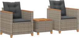 vidaXL - 3-delige - Bistroset - met - kussens - poly - rattan - en - acaciahout - grijs