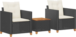 vidaXL - 3-delige - Bistroset - met - kussens - poly - rattan - en - acaciahout - zwart