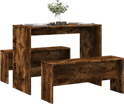 vidaXL - 3-delige - Eettafel - en - bankenset - bewerkt - hout - gerookt - eikenkleur