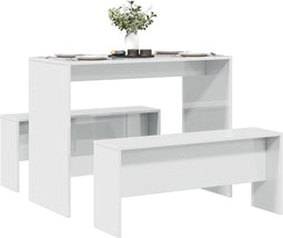 vidaXL - 3-delige - Eettafel - en - bankenset - bewerkt - hout - hoogglans - wit