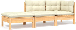 vidaXL - 3-delige - Loungeset - met - crèmekleurige - kussens - massief - grenenhout