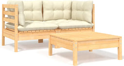 vidaXL - 3-delige - Loungeset - met - crèmekleurige - kussens - massief - grenenhout