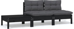 vidaXL - 3-delige - Loungeset - met - kussens - massief - grenenhout - zwart