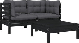 vidaXL - 3-delige - Loungeset - met - kussens - massief - grenenhout - zwart