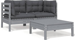 vidaXL - 3-delige - Loungeset - met - kussens - massief - grenenhout - grijs