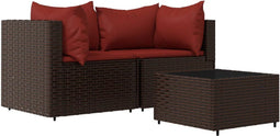 vidaXL - 3-delige - Loungeset - met - kussens - poly - rattan - bruin