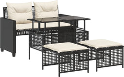 vidaXL - 4-delige - Loungeset - met - kussens - poly - rattan - en - glas - zwart