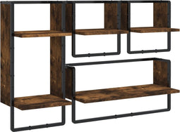 vidaXL - 4-delige - Wandschappenset - met - stangen - bewerkt - hout - gerookt - eiken