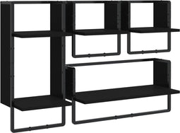 vidaXL - 4-delige - Wandschappenset - met - stangen - bewerkt - hout - zwart