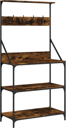 vidaXL - Bakkersrek - met - haken - 4-laags - bewerkt - hout - gerookt - eikenkleurig