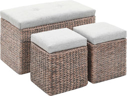 vidaXL - Bankje - met - 2 - poefs - zeegras - grijs