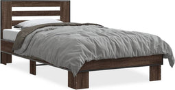 vidaXL - Bedframe - bewerkt - hout - en - metaal - bruin - eikenkleurig - 75x190 - cm