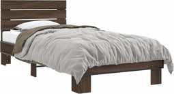 vidaXL - Bedframe - bewerkt - hout - en - metaal - bruin - eikenkleurig - 90x200 - cm