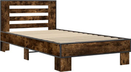 vidaXL - Bedframe - bewerkt - hout - en - metaal - gerookt - eikenkleurig - 75x190 - cm