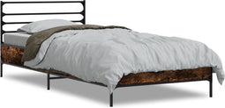 vidaXL - Bedframe - bewerkt - hout - en - metaal - gerookt - eikenkleurig - 90x200 - cm
