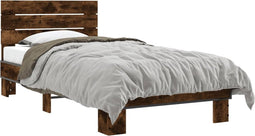 vidaXL - Bedframe - bewerkt - hout - en - metaal - gerookt - eikenkleurig - 90x190 - cm
