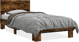 vidaXL - Bedframe - bewerkt - hout - en - metaal - gerookt - eikenkleurig - 90x200 - cm