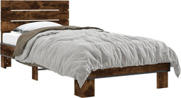 vidaXL - Bedframe - bewerkt - hout - en - metaal - gerookt - eikenkleurig - 90x200 - cm