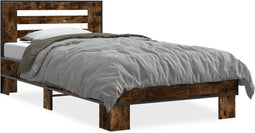 vidaXL - Bedframe - bewerkt - hout - en - metaal - gerookt - eikenkleurig - 90x200 - cm