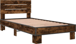vidaXL - Bedframe - bewerkt - hout - en - metaal - gerookt - eikenkleurig - 75x190 - cm