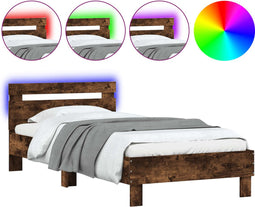 vidaXL - Bedframe - met - hoofdbord - en - LED - gerookt - eikenkleur - 100x200 - cm