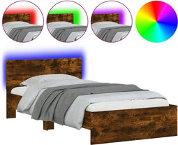 vidaXL - Bedframe - met - hoofdbord - en - LED - gerookt - eikenkleur - 100x200 - cm