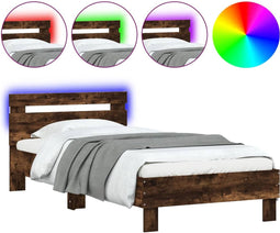 vidaXL - Bedframe - met - hoofdbord - en - LED - gerookt - eikenkleurig - 75x190 - cm