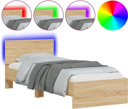 vidaXL - Bedframe - met - hoofdbord - en - LED - sonoma - eikenkleurig - 90x200 - cm