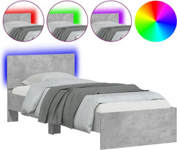 vidaXL - Bedframe - met - hoofdbord - en - LED-verlichting - betongrijs - 90x190 - cm