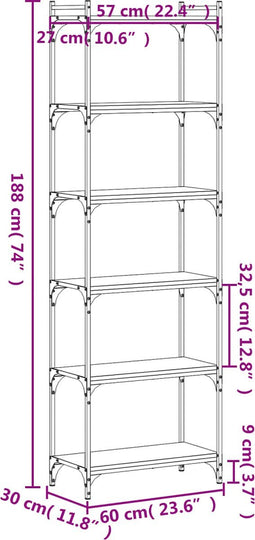 vidaXL - Boekenkast - 6-laags - 60x30x188 - cm - bewerkt - hout - grijs - sonoma