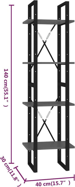 vidaXL - Boekenkast - met - 4 - schappen - 40x30x140 - cm - bewerkt - hout - grijs