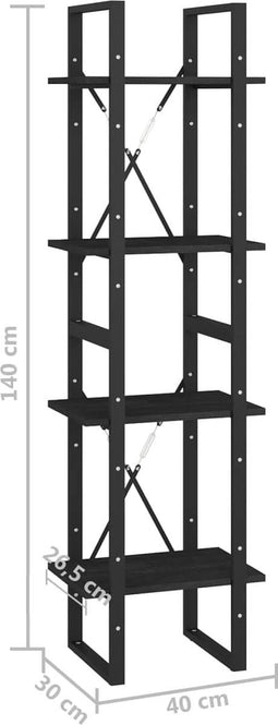 vidaXL - Boekenkast - met - 4 - schappen - 40x30x140 - cm - massief - grenenhout - zwart