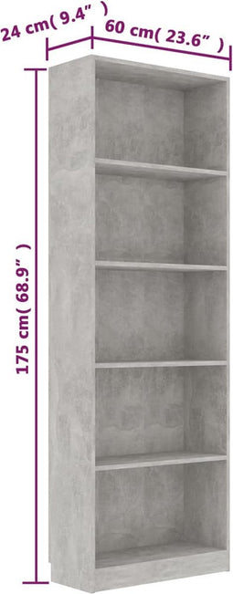 vidaXL - Boekenkast - met - 5 - schappen - 60x24x175 - cm - bewerkt - hout - betongrijs